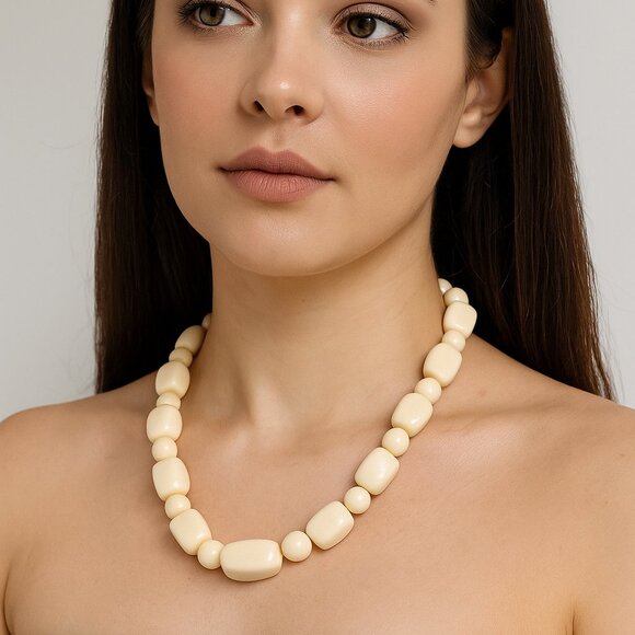 Vintage Monet Chunky Ivory Colored Beaded Necklace Retro 80s Statement Jewelry